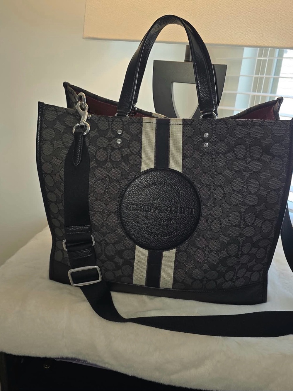 Coach Men’s Signature Messenger Tote in Charcoal and Black with Ivory Stripe
